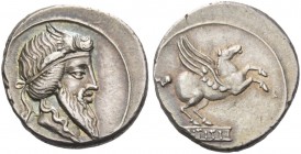 Q. Titius. Denarius 90, AR 4.14 g. Head of Mutinus Titinus r., wearing winged diadem. Rev. Pegasus prancing r.; below, Q·TITI in linear frame. Babelon...