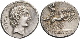 C. Vibius C. f. Pansa. Denarius 90, AR 3.91 g. PANSA Laureate head of Apollo r.; below chin, uncertain symbol. Rev. Minerva in fast quadriga l., holdi...