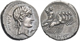 C. Vibius C.f. Pansa. Denarius 90, AR 3.96 g. PANSA Laureate head of Apollo r.; below chin, control mark. Rev. Minerva in fast quadriga r., holding sp...