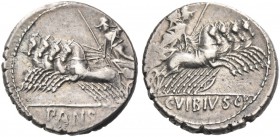 C. Vibius C.f. Pansa. Denarius 90, AR 3.94 g. Minerva in fast quadriga l., holding spear and reins in r. hand and trophy in l.; in exergue, PANS[A]. R...