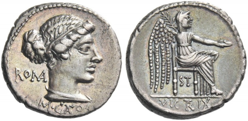 M. Cato. Denarius 89, AR 3.69 g. Diademed and draped female bust r., behind, ROM...