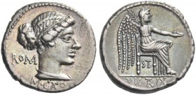 M. Cato. Denarius 89, AR 3.69 g. Diademed and draped female bust r., behind, ROMA and below neck truncation, M CATO. Rev. Victory seated r., holding p...