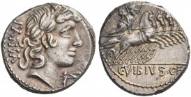 C. Vibius C.f. Pansa. Denarius 90, AR 4.04 g. PANSA Laureate head of Apollo r.; below chin, control mark. Rev. Minerva in fast quadriga r., holding sp...
