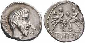 L. Titurius L.f. Sabinus. Denarius 89, AR 3.96 g. SABIN Head of King Tatius r.; before, TA ligate. Rev. Rape of the Sabine women; in exergue, L·TITVRI...