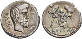 L. Tituri L.f. Sabinus. Denarius 89, AR 3.88 g. SABIN – A·PV Head of King Tatius r.; below chin, palm. Rev. Tarpeia stands facing between two soldiers...