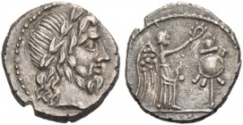 Cn. Cornelius Lentulus Clodianus. Quinarius 88, AR 1.94 g. Laureate head of Jupiter r. Rev. Victory r. crowning trophy; in exergue, [CN LENT]. Babelon...