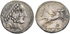C. Marcius Censorinus. Denarius 88, AR 3.53 g. Jugate heads r. of Numa Pompilius, bearded and Ancus Marcius, beardless. Rev. Desultor, wearing conical...