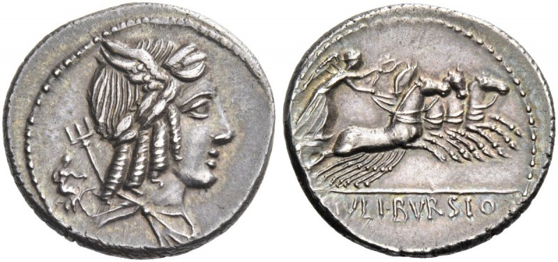 L. Iulius Bursio. Denarius 85, AR 3.76 g. Male head r., with the attributes of A...