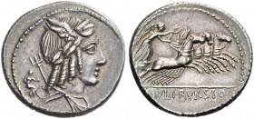 L. Iulius Bursio. Denarius 85, AR 3.76 g. Male head r., with the attributes of Apollo, Mercury and Neptune; behind, male figure r. Rev. Victory in qua...