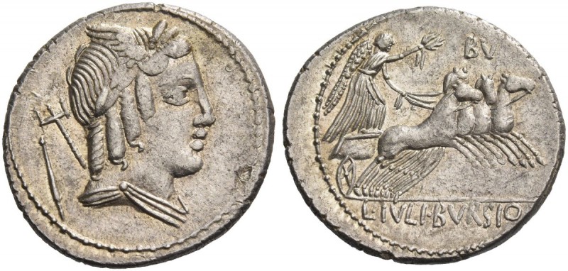L. Iulius Bursio. Denarius 85, AR 4.11 g. Male head r., with the attributes of A...