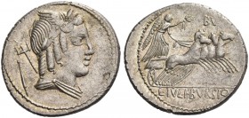 L. Iulius Bursio. Denarius 85, AR 4.11 g. Male head r., with the attributes of Apollo, Mercury and Neptune; behind, sceptre. Rev. Victory in quadriga ...