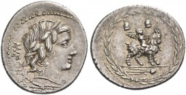 Mn. Fonteius. Denarius 85, AR 3.94 g. MN·FONTEI – [C·F] Laureate head of Apollo r.; below, thunderbolt. Rev. Cupid on goat r.; above, pileii. In exerg...