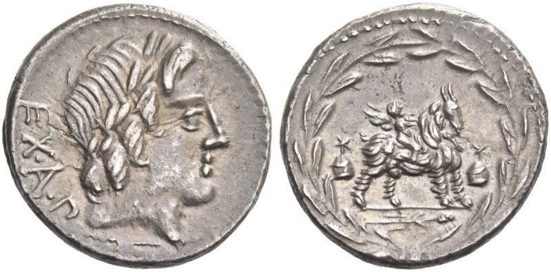 Mn. Fonteius. Denarius 85, AR 3.99 g. Laureate head of Apollo r.; behind, EX·A·P...