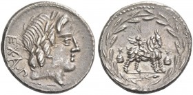 Mn. Fonteius. Denarius 85, AR 3.99 g. Laureate head of Apollo r.; behind, EX·A·P. Rev. Cupid on goat r., on either side, pileii; in exergue, thyrsus. ...