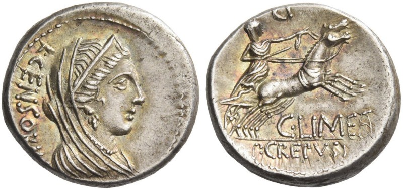 P. Crepusius, C. Limetanus and L. Censorinus. Denarius 82, AR 4.18 g. L·CENSO[RI...