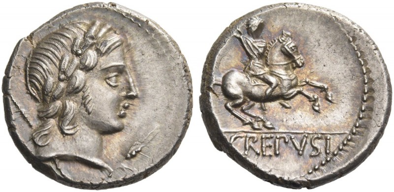 P. Crepusius. Denarius 82, AR 4.12 g. Laureate head of Apollo r., sceptre on far...