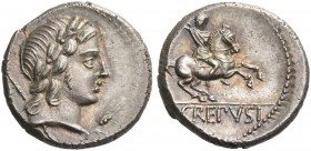 P. Crepusius. Denarius 82, AR 4.12 g. Laureate head of Apollo r., sceptre on far shoulder; below chin, ear. Rev. Horseman r., brandishing spear. In ex...