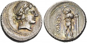L. Marcius Censorinus. Denarius 82, AR 4.11 g. Laureate head of Apollo r. Rev. L·CENSOR Marsyas walking l. with r. arm raised and holding wine-skin ov...