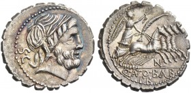 Q. Antonius Balbus. Denarius serratus 83-82, AR 3.74 g. Laureate head of Jupiter r.; behind, S·C. Rev. Victory in quadriga r., holding reins and palm-...