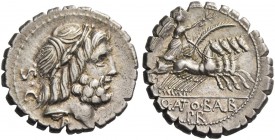 Q. Antonius Balbus. Denarius serratus 83-82, AR 3.89 g. Laureate head of Jupiter r.; behind, S·C. Rev. Victory in quadriga r., holding reins and palm-...