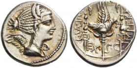 C. Valerius Flaccus. Denarius 82, AR 3.68 g. Draped bust of Victory r. Rev. C·VAL·[FLA] – IMPER[AT] Legionary eagle between two standards inscribed H ...