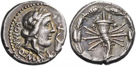 Q. Fabius Maximus. Denarius 82-80, AR 3.90 g. Laureate head of Apollo r.; behind, ROMA; below, Q MAX; before, lyre and Ú. Rev. Cornucopiae superimpose...