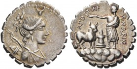 A. Postumius Albinus. Denarius serratus 81, AR 3.87 g. Draped bust of Diana r., with bow and quiver over shoulder; above head, bucranium. Rev. A·POST·...