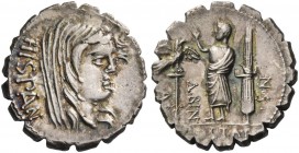 A. Postumius Albinus. Denarius serratus 81, AR 3.76 g. HISPAN Veiled head of Hispania r. Rev. A – POST·A·F – ·S·N – ALBIN Togate figure standing l., r...