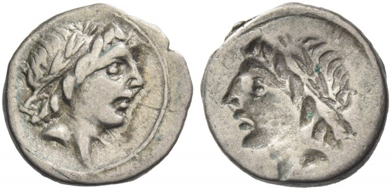 Anonymous. Brockage quinarius 81, AR 1.91 g. Laureate head of Apollo r. Rev. Sam...