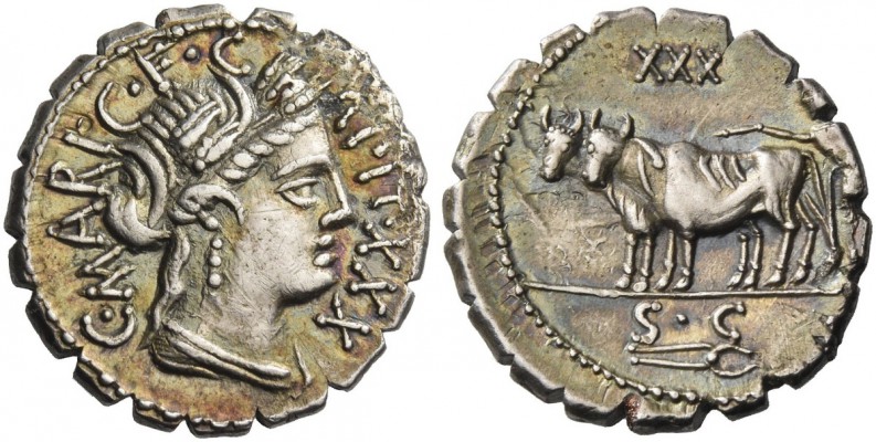 C. Marius C.f. Capito. Denarius serratus 81, AR 3.89 g. Draped bust of Ceres r.;...
