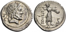 L. Procilius. Denarius 80, AR 3.71g. Laureate head of Jupiter r.; behind, S·C. Rev. L·PROCILI / F Juno Sospita standing r., holding shield and hurling...