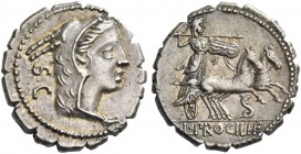 L. Procilius. Denarius serratus 80, AR 4.10 g. Head of Juno Sospita r.; behind, S·C. Rev. Juno Sospita in prancing biga r., holding shield and hurling...