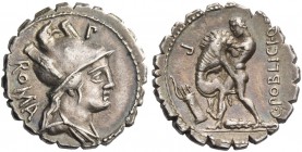 C. Poblicius Q. f. Denarius serratus, Roma 80, AR 3.88 g. Helmeted and draped bust of Roma r.; behind, ROMA and above, P. Rev. Hercules strangling the...