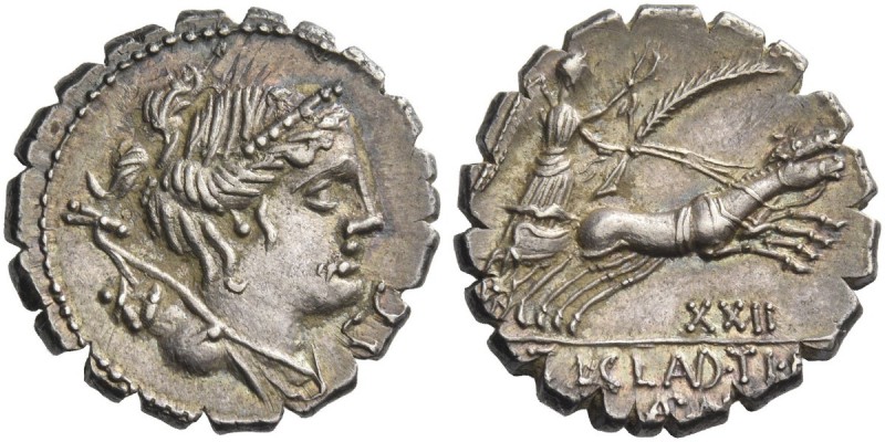 Ti. Claudius nero. Denarius serratus 79, AR 4.09 g. Draped bust of Diana r., wit...