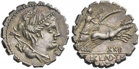 Ti. Claudius nero. Denarius serratus 79, AR 4.09 g. Draped bust of Diana r., with bow and quiver over shoulder; before chin, S.C. Rev. Victory in pran...