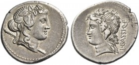 L. Cassius Q. f. Denarius 78, AR 3.79 g. Ivy-wreathed head of Liber r., with thyrsus over shoulder. Rev. L·CASSI·Q·F Vine-wreathed head of Liber l. Ba...