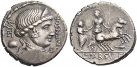L. Farsuleius Mensor. Denarius 75, AR 3.77 g. MENSOR Diademed and draped bust of Libertas r.; behind, LVIII / pileus. Below chin, S·C. Rev. Warrior in...