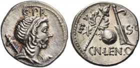 Cn. Cornelius Lentulus. Denarius, Spain (?) 76-75, AR 3.81 g. Draped bust of the Genius Populi Romani r., hair tied with band and sceptre over shoulde...