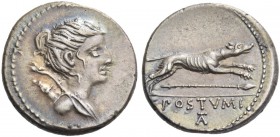 C. Postumius At or Ta. Denarius 74, AR 4.15 g. Draped bust of Diana r., bow and quiver over shoulder. Rev. Hound running r.; below, spear and in exerg...
