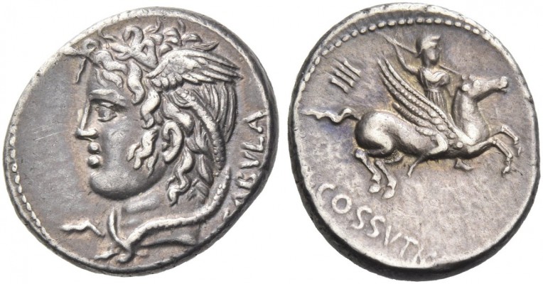 L. Cossutius C. f. Sabula. Denarius 74, AR 4.14 g. SABVLA Head of Medusa l. Rev....