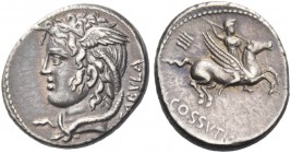 L. Cossutius C. f. Sabula. Denarius 74, AR 4.14 g. SABVLA Head of Medusa l. Rev. Bellerophon on Pegasus r., brandishing spear with r. hand; below, L·C...