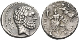 P. Cornelius Lentulus Spinther. Denarius 74, AR 3.94 g. Bearded head of Hercules r.; behind, Q·S·C. Rev. Genius of the Roman people seated facing on c...