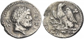 Q. Pomponius Rufus. Denarius 73, AR 3.46 g. RVFVS Laureate head of Jupiter r.; behind, [S·C]. Rev. Eagle perched on sceptre with l. talon and holding ...