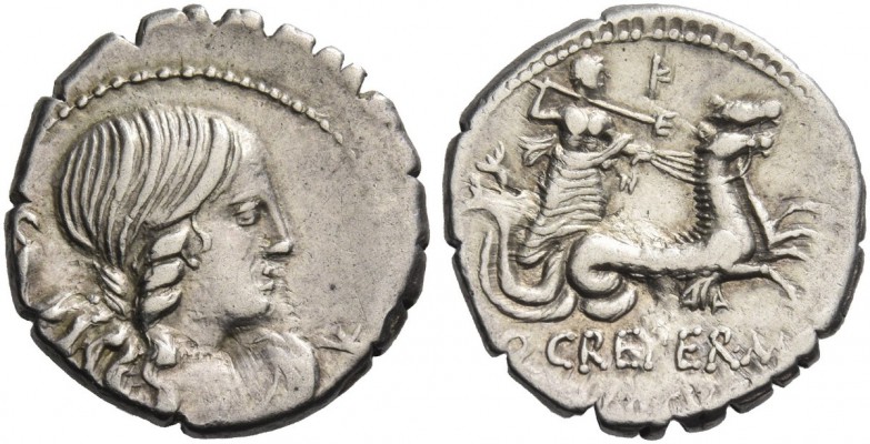 Q. Crepereius M. f. Rocus. Denarius serratus 72, AR 3.94 g. Draped bust of Amphi...