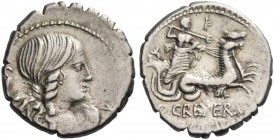 Q. Crepereius M. f. Rocus. Denarius serratus 72, AR 3.94 g. Draped bust of Amphitrite seen from behind, with head turned r.; behind, heron. In r. fiel...