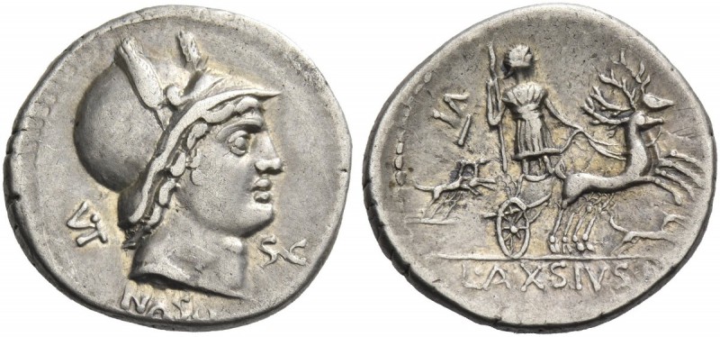 Lucius Axius L.f. Naso. Denarius 71, AR 3.89 g. Head of Mars r., wearing plumed ...