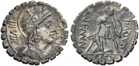 Mn. Aquillius. Denarius serratus 71, AR 3.78 g. VIRTVS – III VIR Helmeted and draped bust of Virtus r. Rev. MN AQVIL - MN·F MN·N Warrior, holding shie...