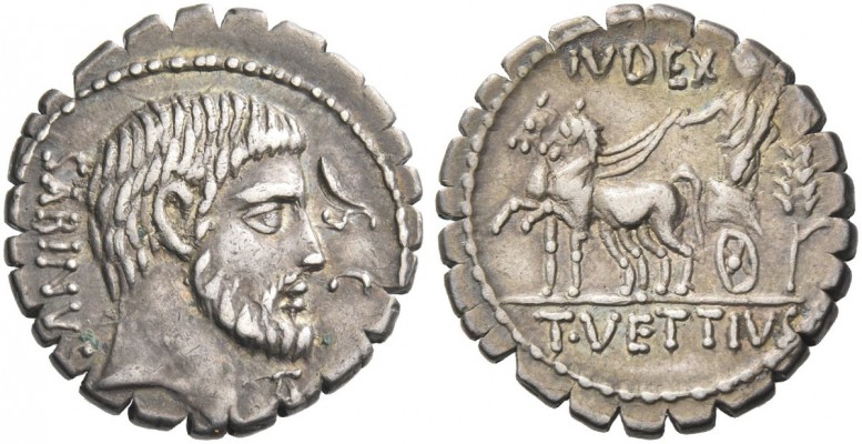 T. Vettius Sabinus. Denarius serratus 70, AR 3.98 g. Bearded head of King Tatius...