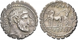 T. Vettius Sabinus. Denarius serratus 70, AR 3.98 g. Bearded head of King Tatius r.; below chin, TA ligate and behind, SABINVS. In r. field, S·C. Rev....