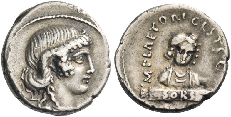 M. Plaetorius M. f. Cestianus. Denarius 69, AR 3.85 g. Draped female bust r.; be...